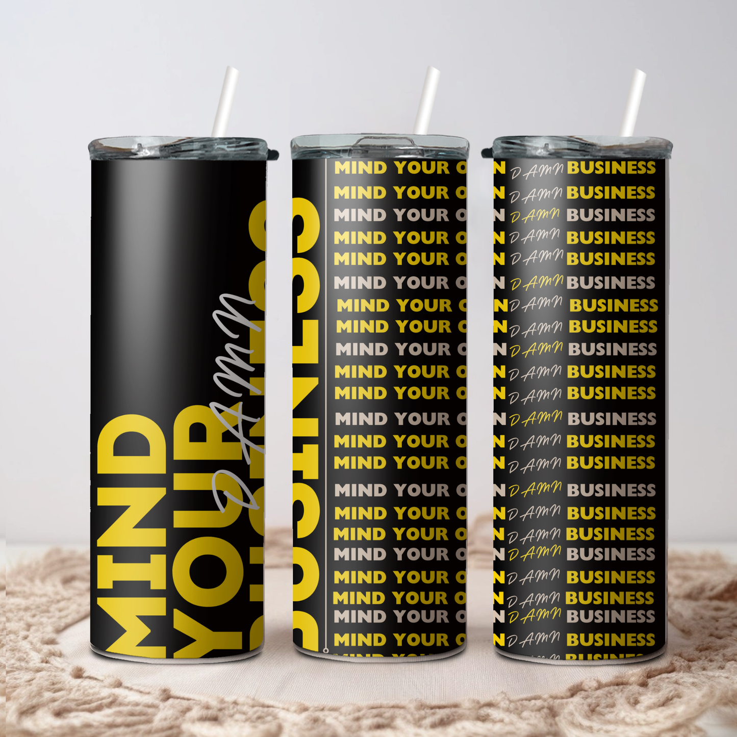 "Mind Your Damn Business" 20oz Stainless Steel Tumbler – Insulated Travel Black/Yellow